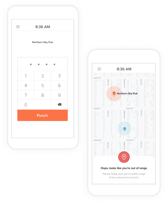 Mobile view of the 7shifts time clocking app for restaurants.